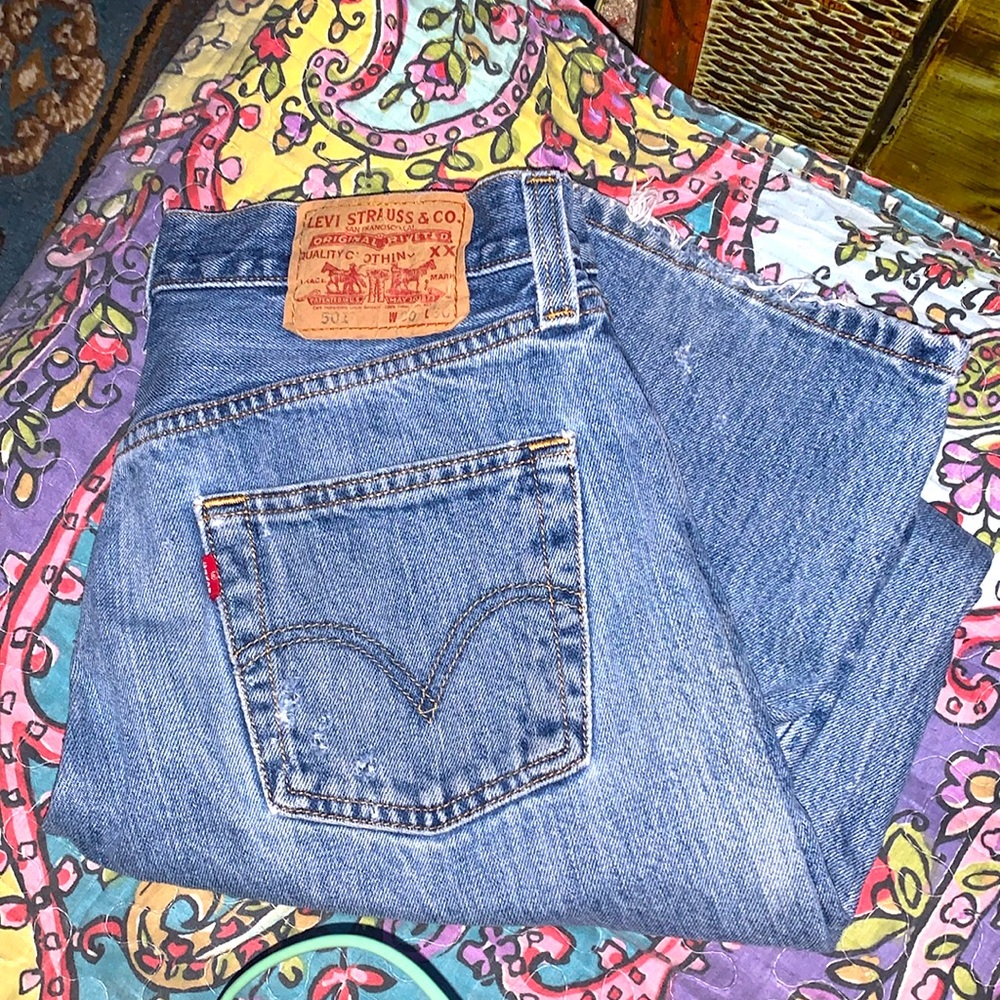 Levi’s Original 501 Straight Leg Button-Fly Distressed Blue Jeans